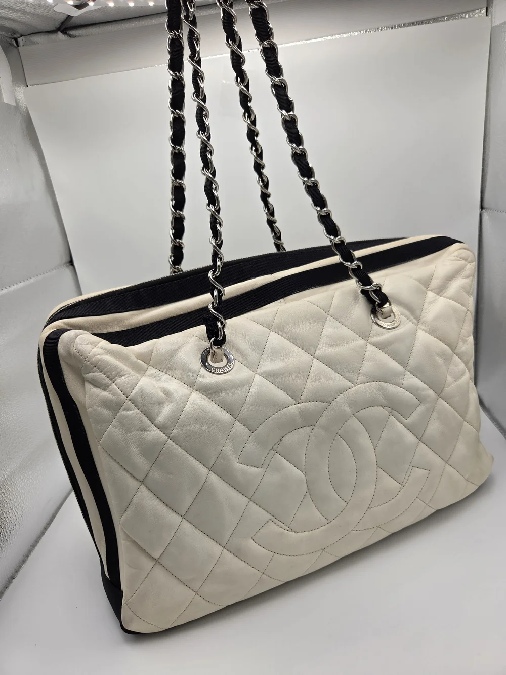 Vintage CHANEL Quilted Shopping Tote White & Black Purse